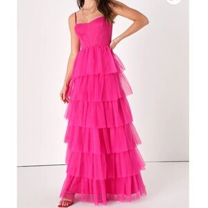 Lulus Rule the Runway Hot Pink Tulle Bustier Tiered Maxi Dress Large